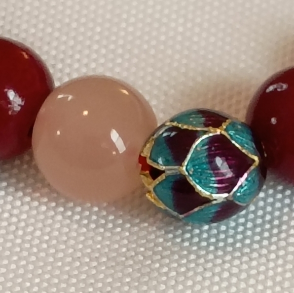 Boho Red Beaded Stretch Bracelet Rose Quartz Cloisonne Enamel - Picture 4 of 4